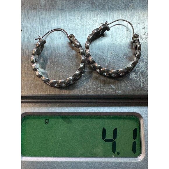 Estate Sterling Silver 925 Hoop Earrings Textured Links Design, 4.1g, Marked - Picture 8 of 8
